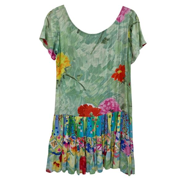 VTG Jams World Womens Mini Dress M Green Colorful Floral Ruffle Hawaiian Beach - Picture 2 of 13
